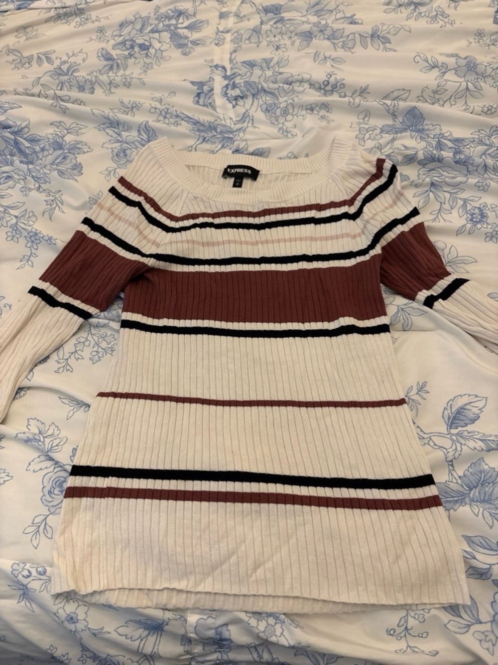 Express Off-the-Shoulder Ribbed Sweater in Cream, Burgundy & Black